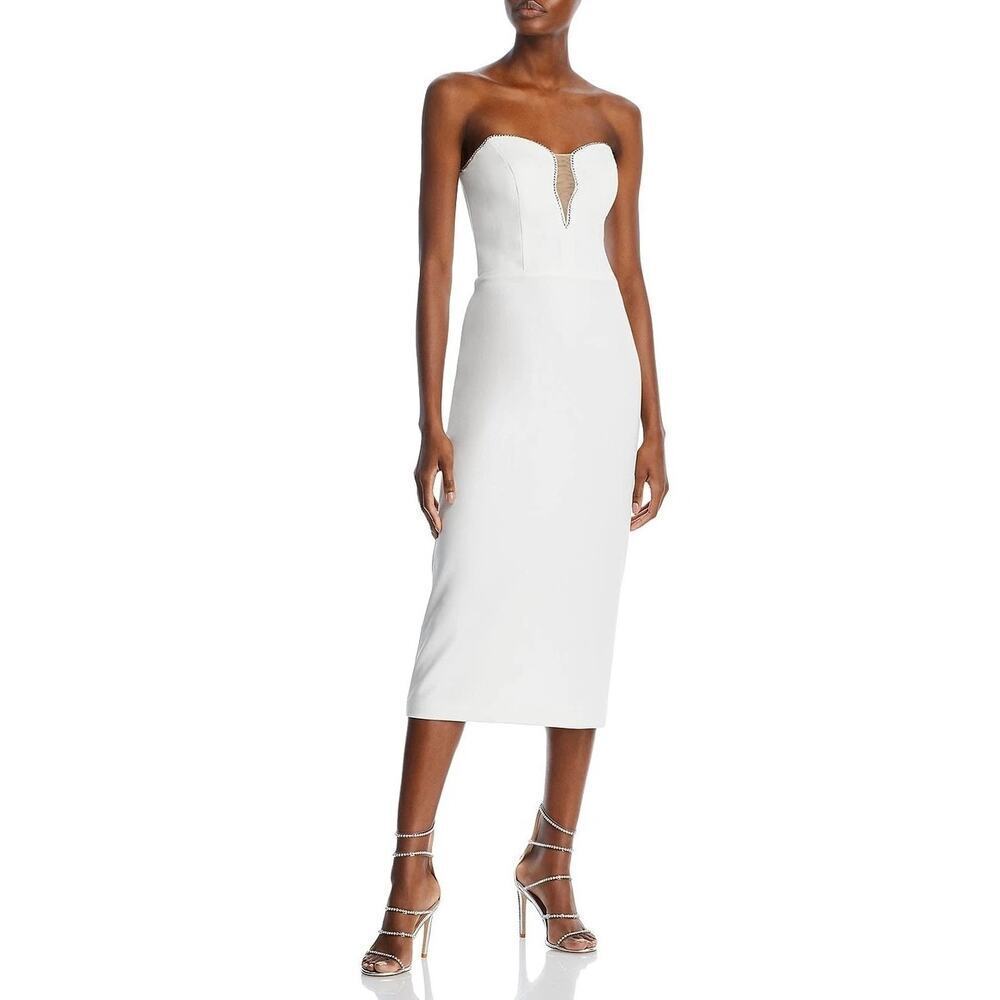 Aqua Rhinestone Embellished Strapless Crepe Midi Dress White Size 0 NWT